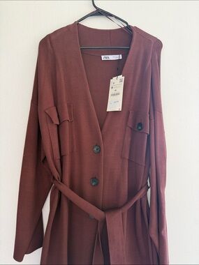 Zara Rust-Brown Long Belted Cardigan Trench Coat